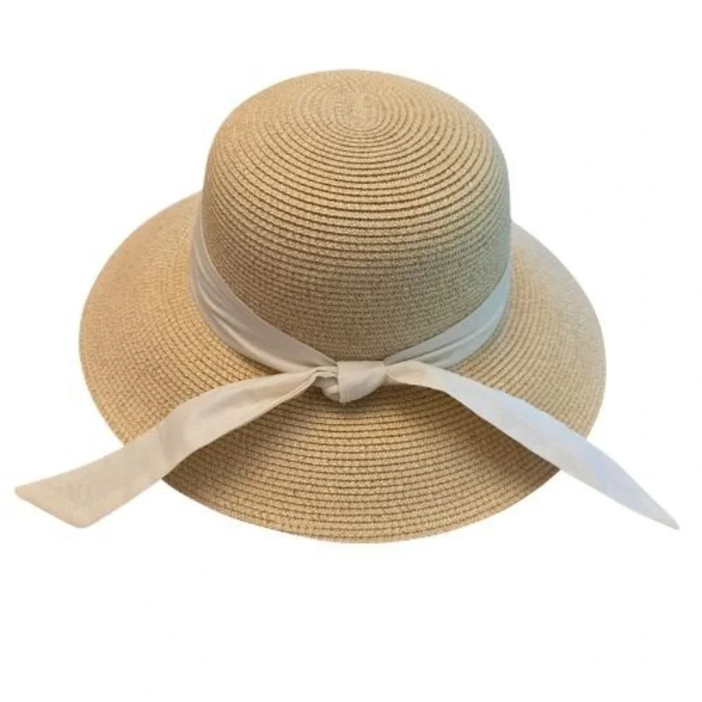 Furtalk Womens M/L Woven Straw Wide Brim Sun Hat White Ribbon Adjustable Strap